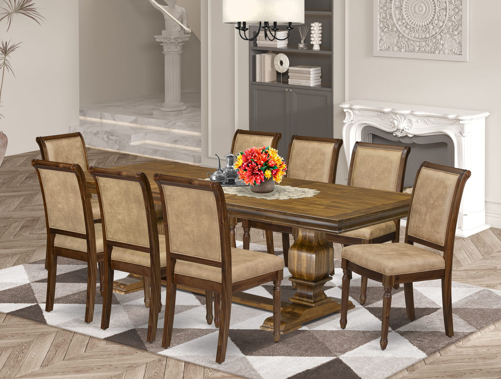 Luxe by East West Furniture LKCY9-AWA-28 9-piece Kitchen Table Set includes a Dining Table and 8 Beige PU Leather Dinner Chairs with High Back - Antique Walnut Finish