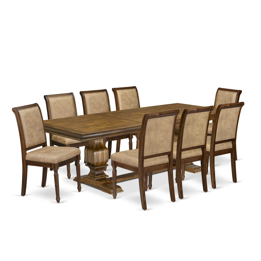 Luxe by East West Furniture LKCY9-AWA-28 9-piece Kitchen Table Set includes a Dining Table and 8 Beige PU Leather Dinner Chairs with High Back - Antique Walnut Finish