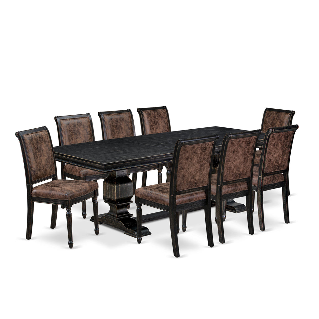 Luxe by East West Furniture LKCY9-SBB-33 9-piece Modern Dining Table Set includes a Kitchen Table and 8 Brown Textured PU Leather Dinner Chairs with High Back - Sand Blasting Black Finish