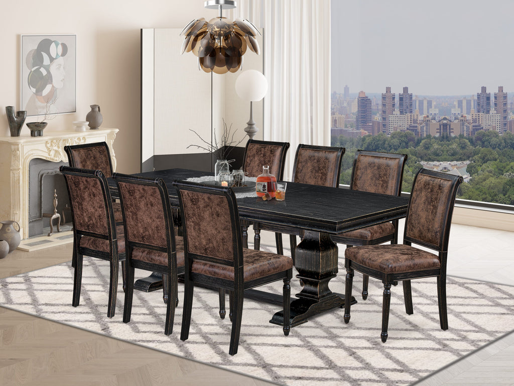 Luxe by East West Furniture LKCY9-SBB-33 9-piece Modern Dining Table Set includes a Kitchen Table and 8 Brown Textured PU Leather Dinner Chairs with High Back - Sand Blasting Black Finish