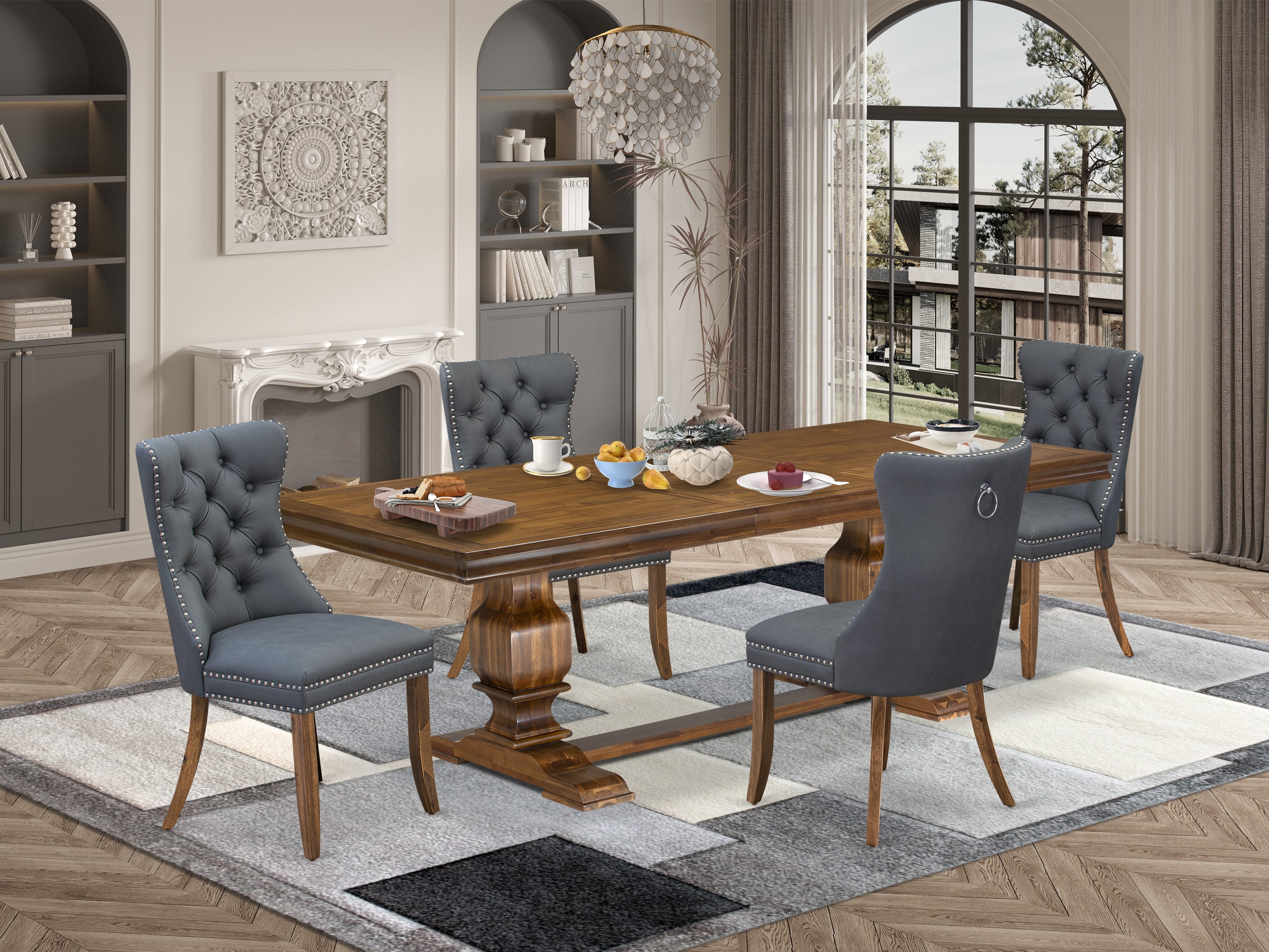 Luxe by East West Furniture LKDA5-AWA-13 5-piece Dining Table Set includes a Kitchen Table and 4 Platinum Gray PU Leather Dinner Chairs with Button tufted Back - Antique Walnut Finish