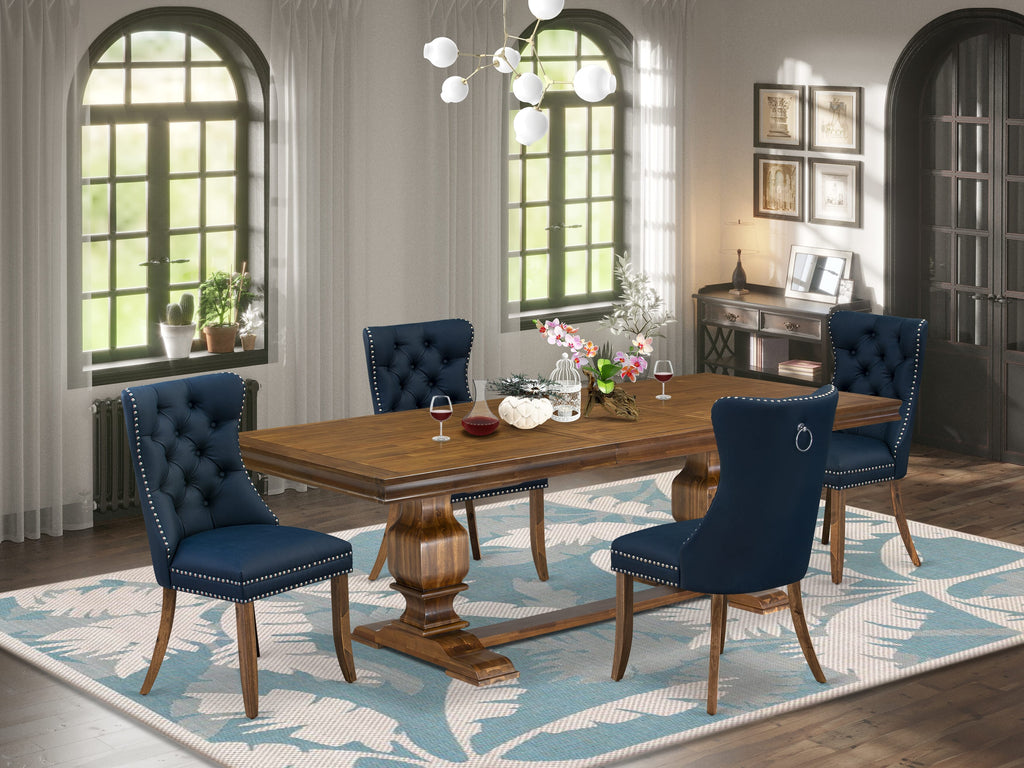 Luxe by East West Furniture LKDA5-AWA-29-5 Pieces Modern Dining Set Includes a Rectangle Kitchen Table and 4 Navy Blue Faux Leather Dining Chairs, Antique Walnut
