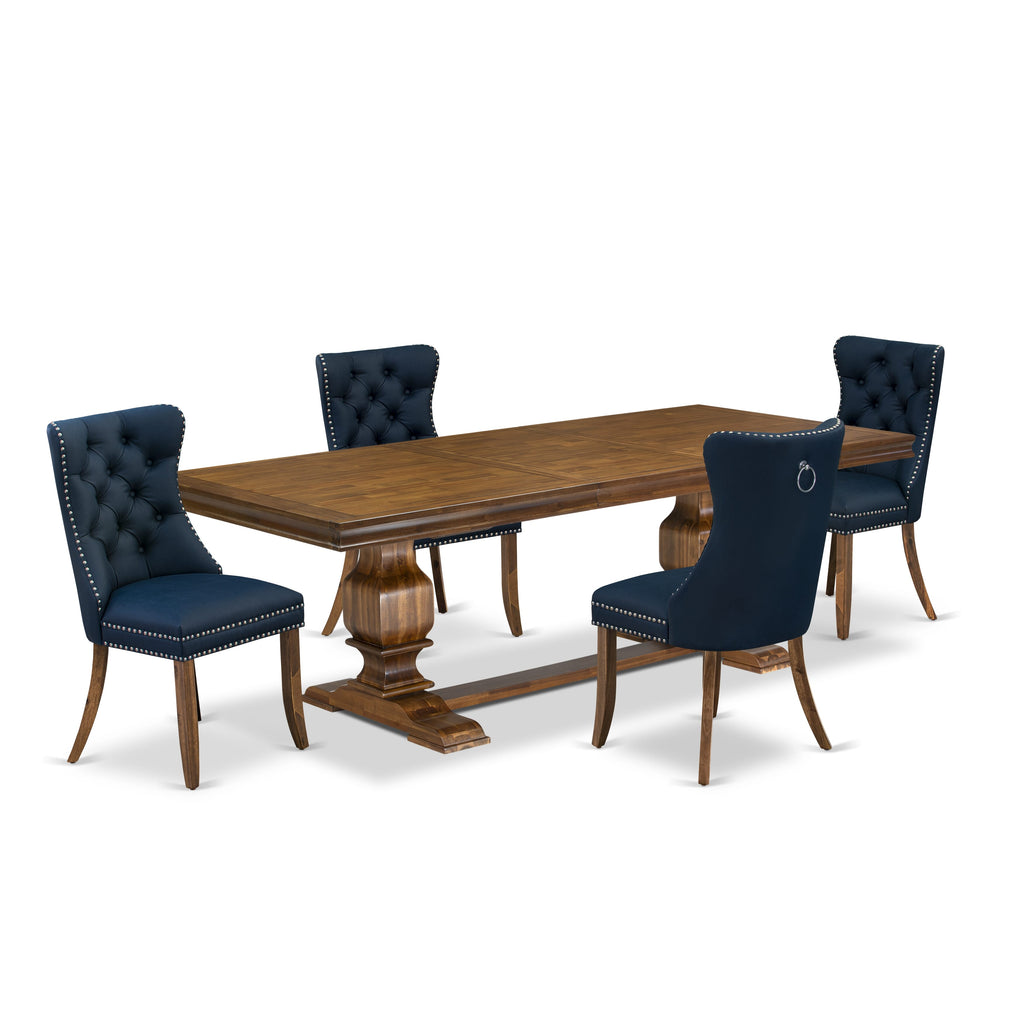 Luxe by East West Furniture LKDA5-AWA-29-5 Pieces Modern Dining Set Includes a Rectangle Kitchen Table and 4 Navy Blue Faux Leather Dining Chairs, Antique Walnut