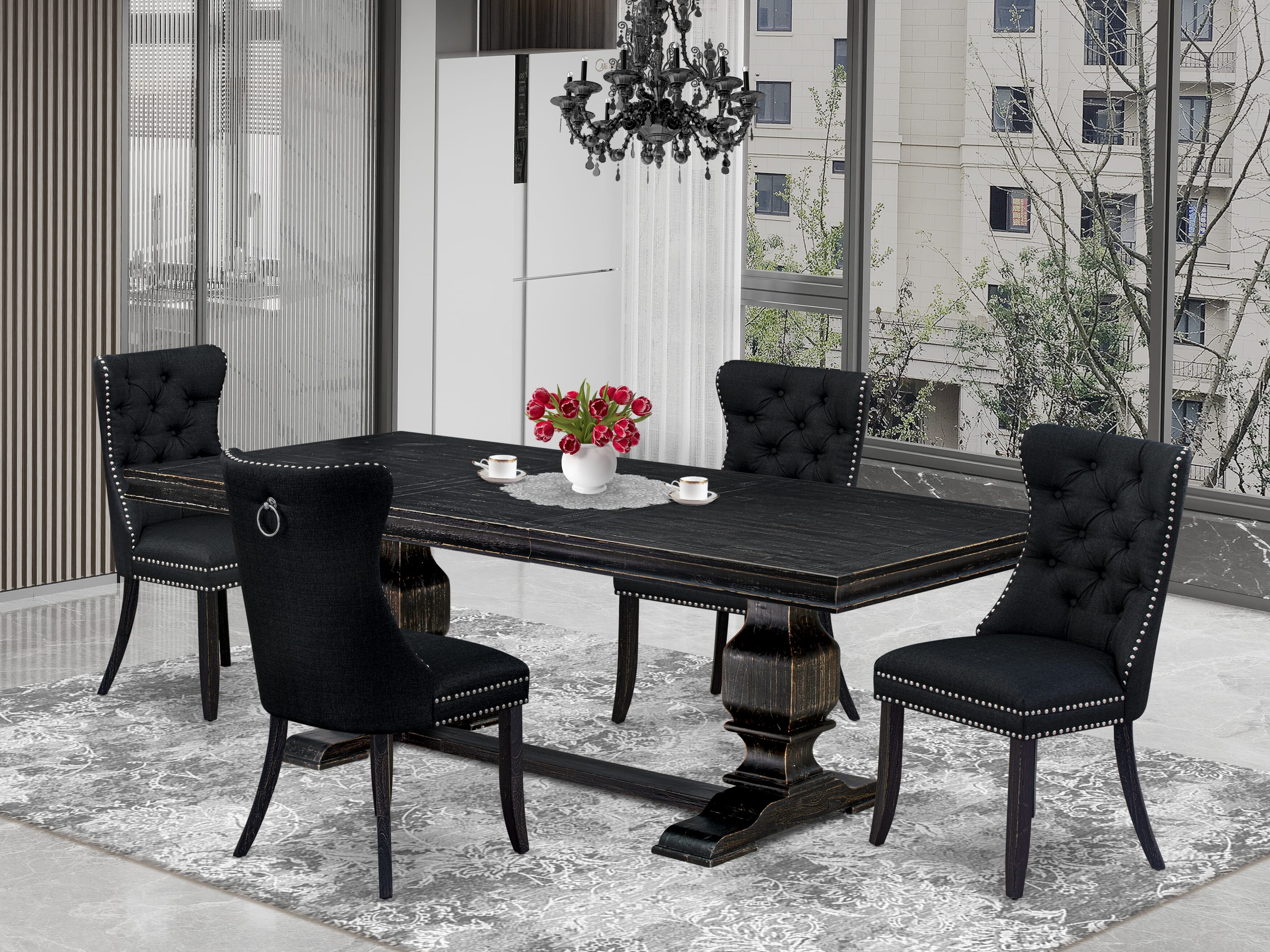 Luxe by East West Furniture LKDA5-SBB-24 - 5-piece kitchen set includes a breakfast table and 4 Black Linen Fabric parson chairs with Button Tufted Chair Back - Sand Blasting Black Finish.