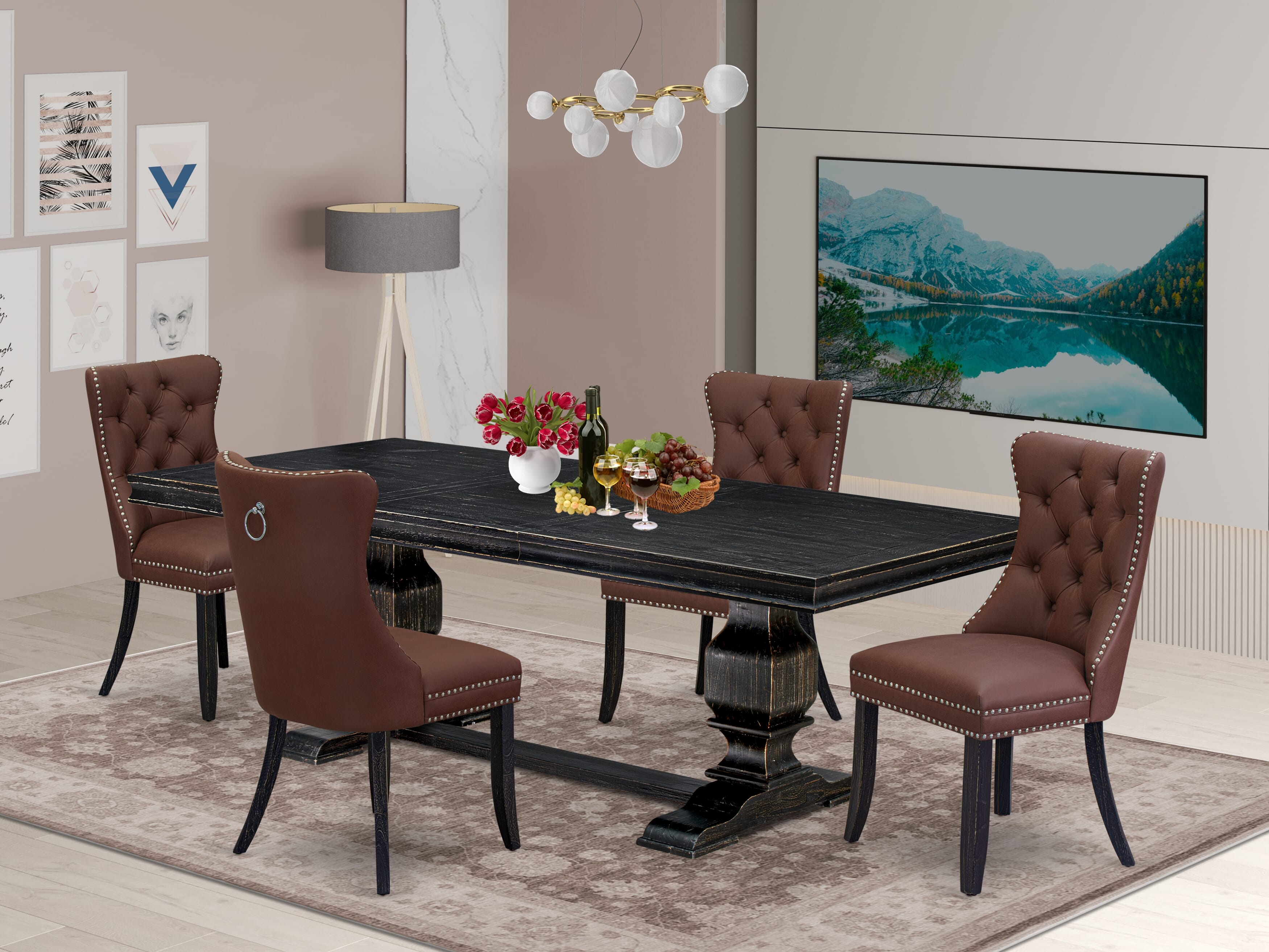 Luxe by East West Furniture LKDA5-SBB-26 - 5-piece kitchen table set includes a rectangular table and 4 Burgundy Faux Leather kitchen Chairs with Button Tufted Chair Back - Sand Blasting Black Finish
