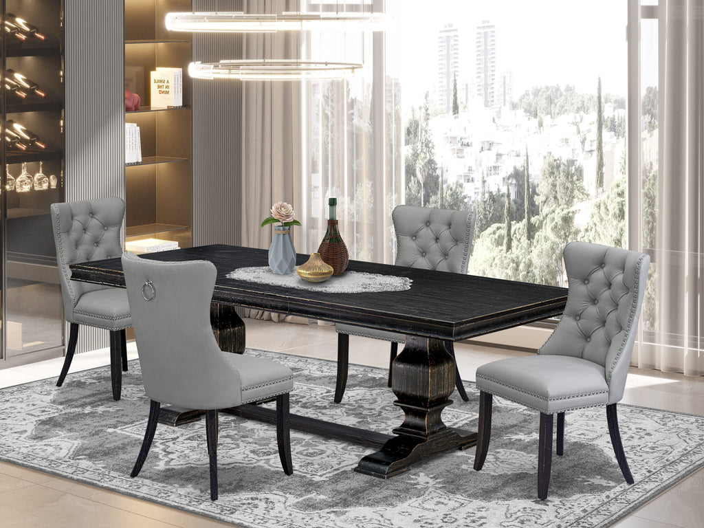 Luxe by East West Furniture LKDA5-SBB-27 - 5-piece dining set includes a wooden table and 4 Light Gray Faux Leather parson chairs with Button Tufted Chair Back - Sand Blasting Black Finish.