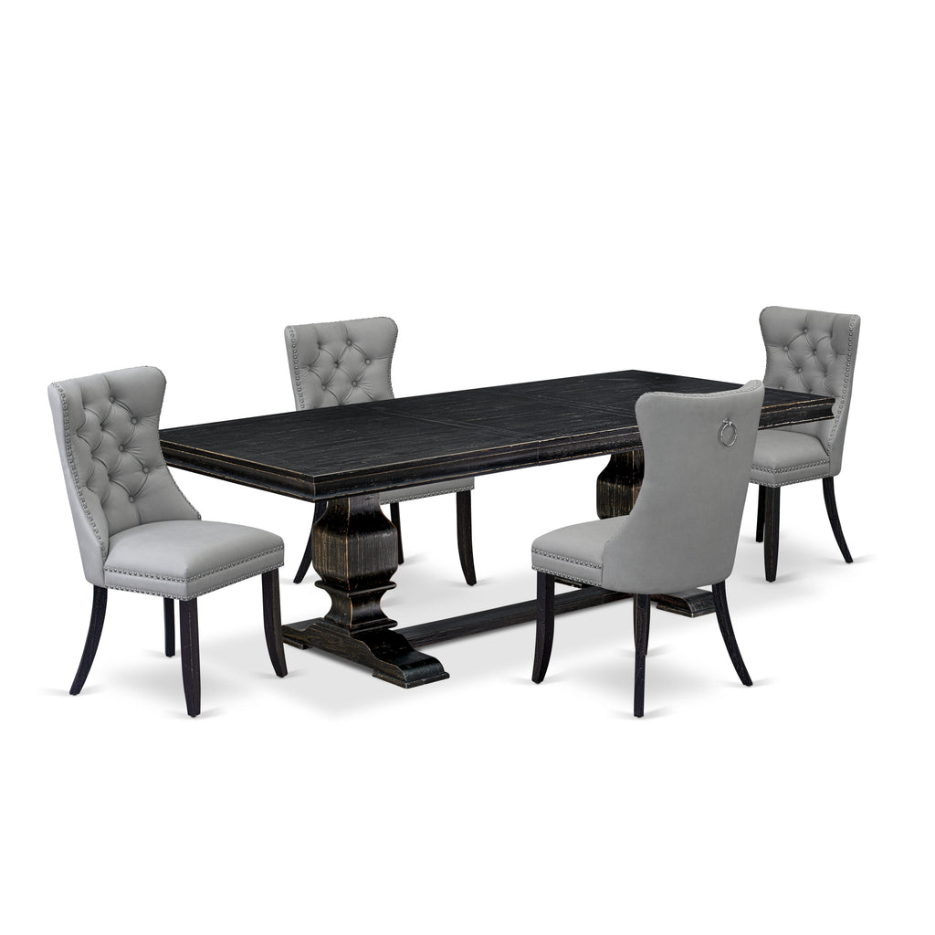 Luxe by East West Furniture LKDA5-SBB-27 - 5-piece dining set includes a wooden table and 4 Light Gray Faux Leather parson chairs with Button Tufted Chair Back - Sand Blasting Black Finish.