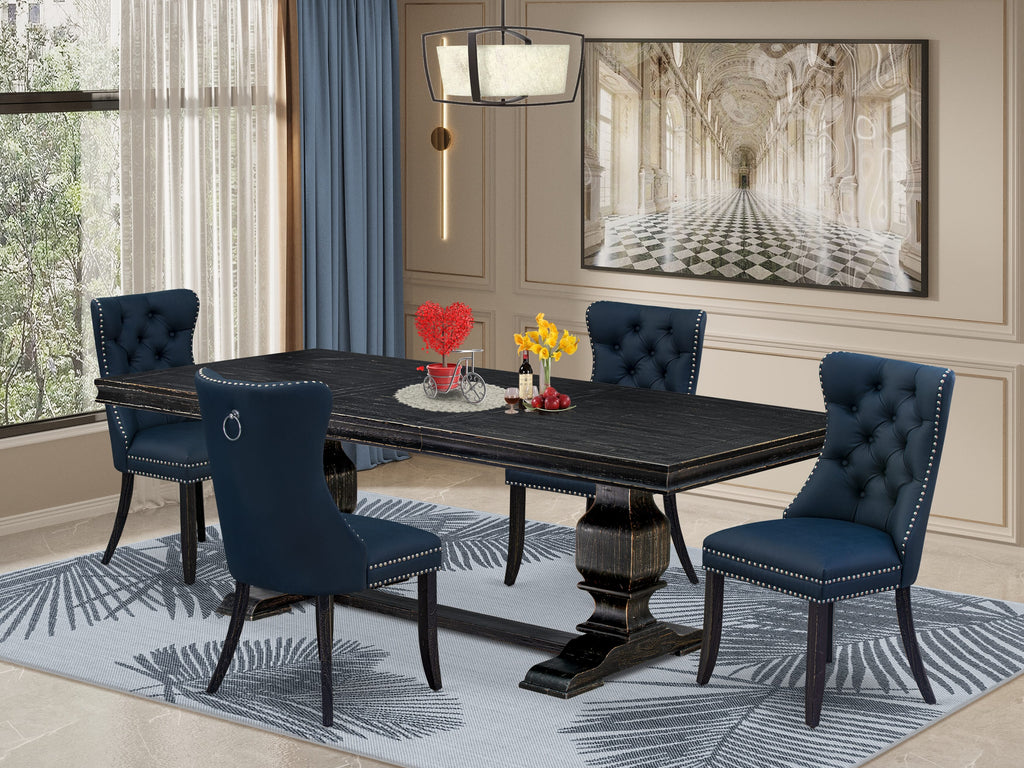 Luxe by East West Furniture LKDA5-SBB-29 - 5-piece dining set includes a dinner table and 4 Navy Blue Faux Leather kitchen Chairs with Button Tufted Chair Back - Sand Blasting Black Finish.