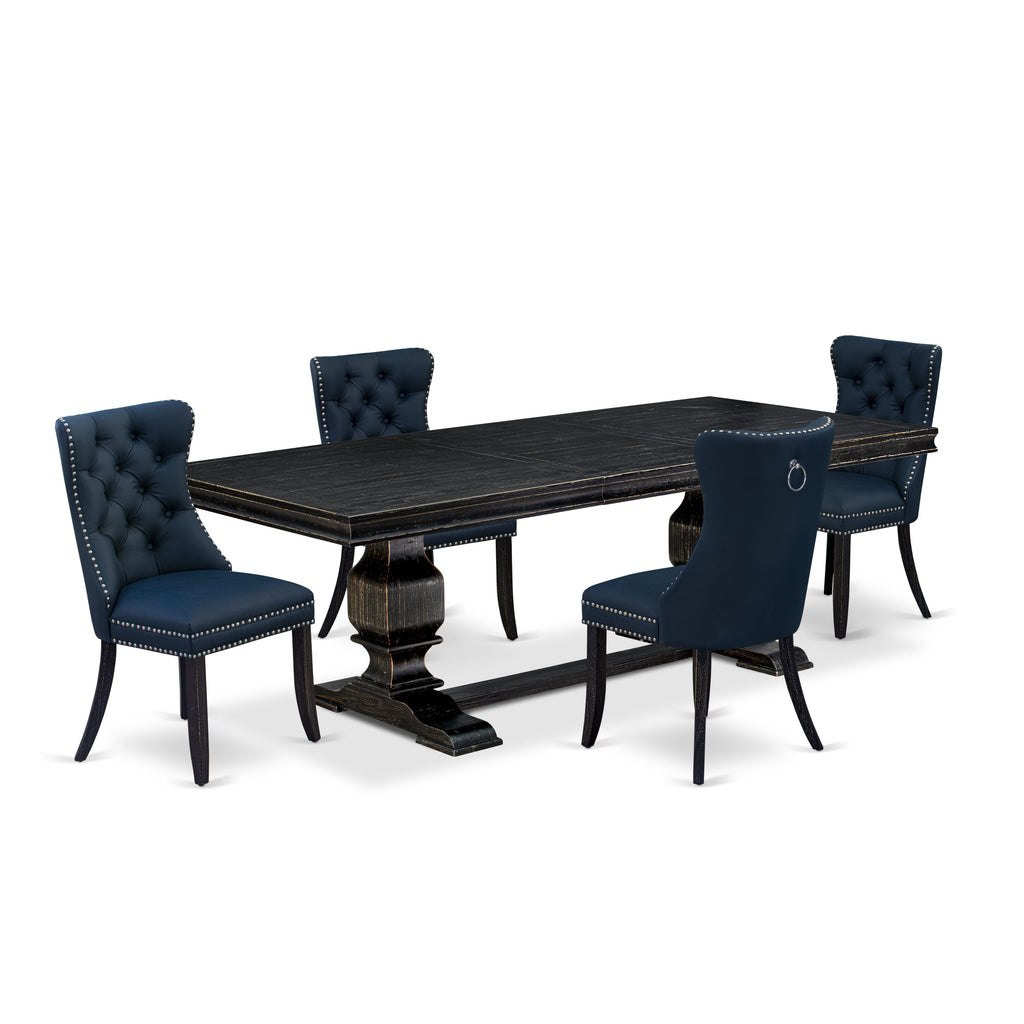Luxe by East West Furniture LKDA5-SBB-29 - 5-piece dining set includes a dinner table and 4 Navy Blue Faux Leather kitchen Chairs with Button Tufted Chair Back - Sand Blasting Black Finish.