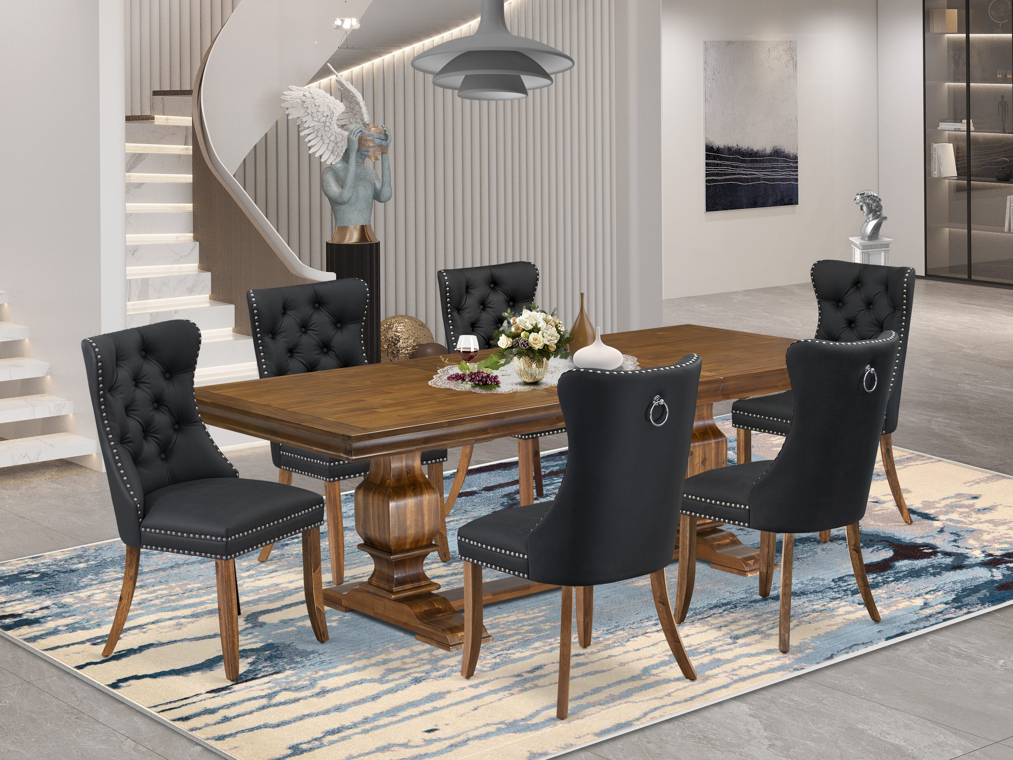 Luxe by East West Furniture LKDA7-AWA-12 7-piece Modern Dining Table Set consists of a Kitchen Table and 6 Dark Grey PU Leather Dinner Chairs with Button tufted Back - Antique Walnut Finish