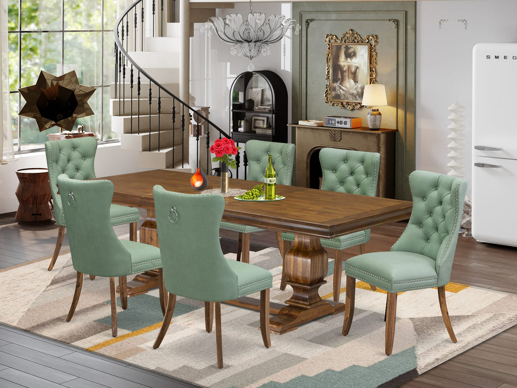 Luxe by East West Furniture LKDA7-AWA-22 7-piece Kitchen Table Set includes a Dining Table and 6 Willow Green PU Leather Dinner Chairs with Button tufted Back - Antique Walnut Finish
