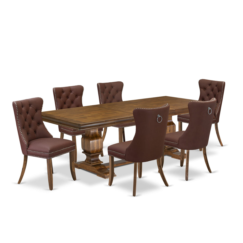Luxe by East West Furniture LKDA7-AWA-26 7-piece Modern Dining Table Set consists of a Kitchen Table and 6 Burgundy Faux Leather Dinner Chairs with Button tufted Back - Antique Walnut Finish