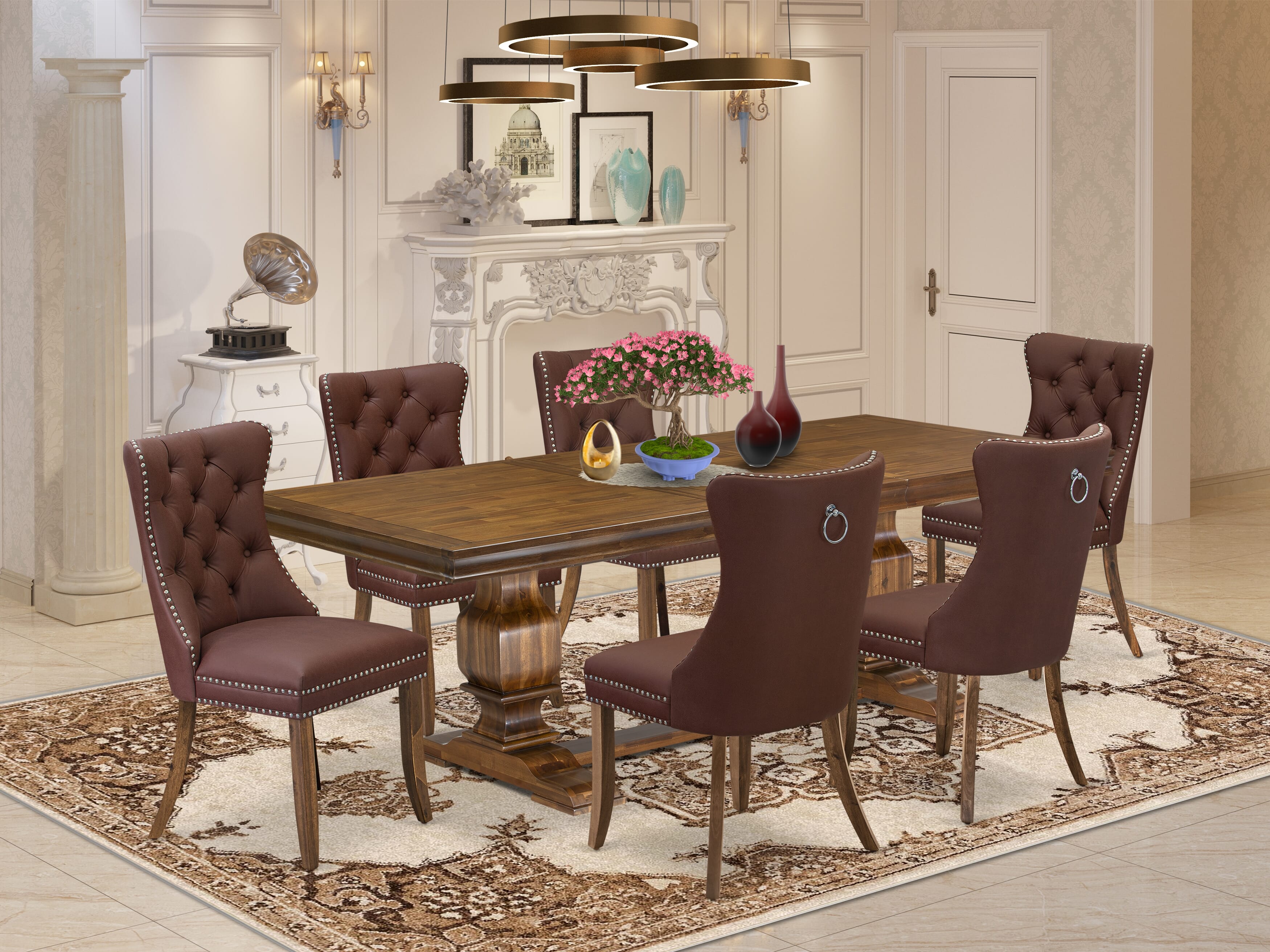 Luxe by East West Furniture LKDA7-AWA-26 7-piece Modern Dining Table Set consists of a Kitchen Table and 6 Burgundy Faux Leather Dinner Chairs with Button tufted Back - Antique Walnut Finish