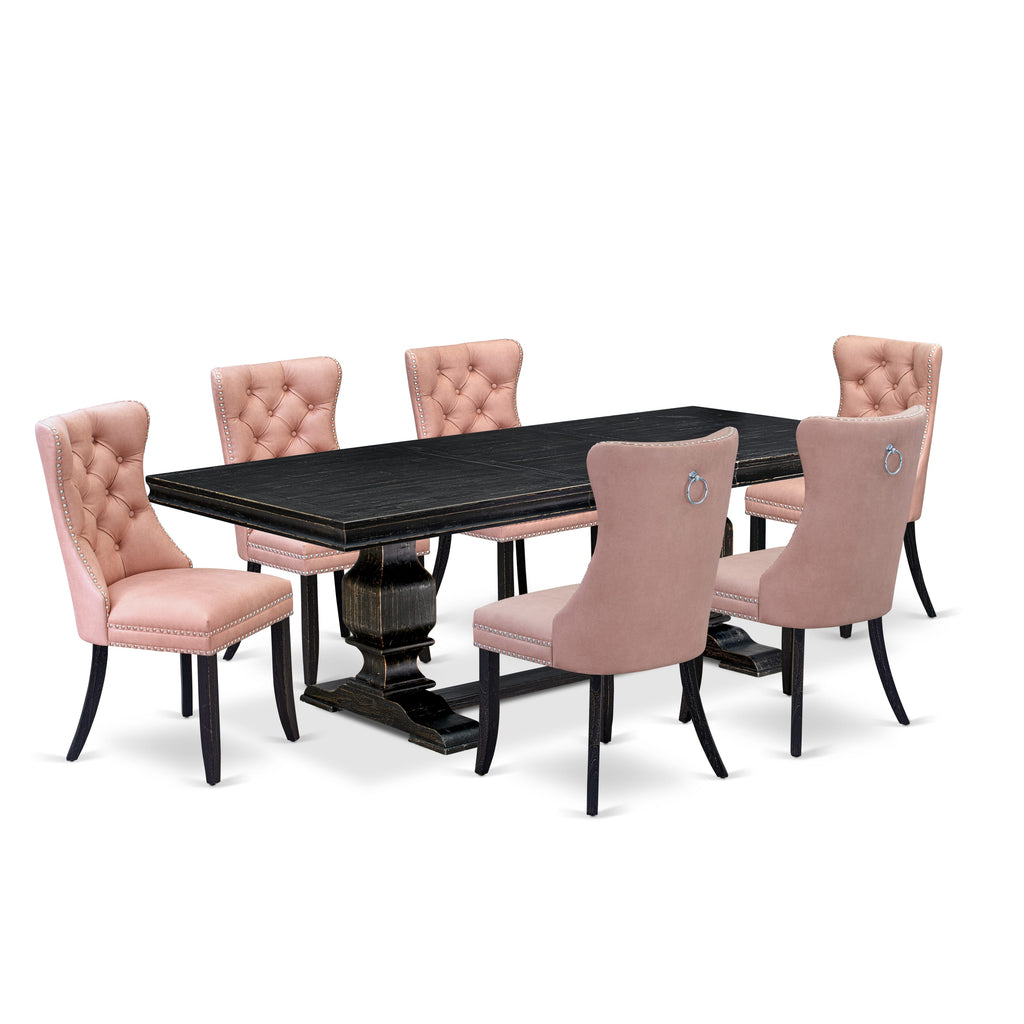 Luxe by East West Furniture LKDA7-SBB-23 7 Pieces Dining Set Contains a Rectangle Kitchen Table and 6 Beige Red Faux Leather Modern Chairs, Sand Blasting Black