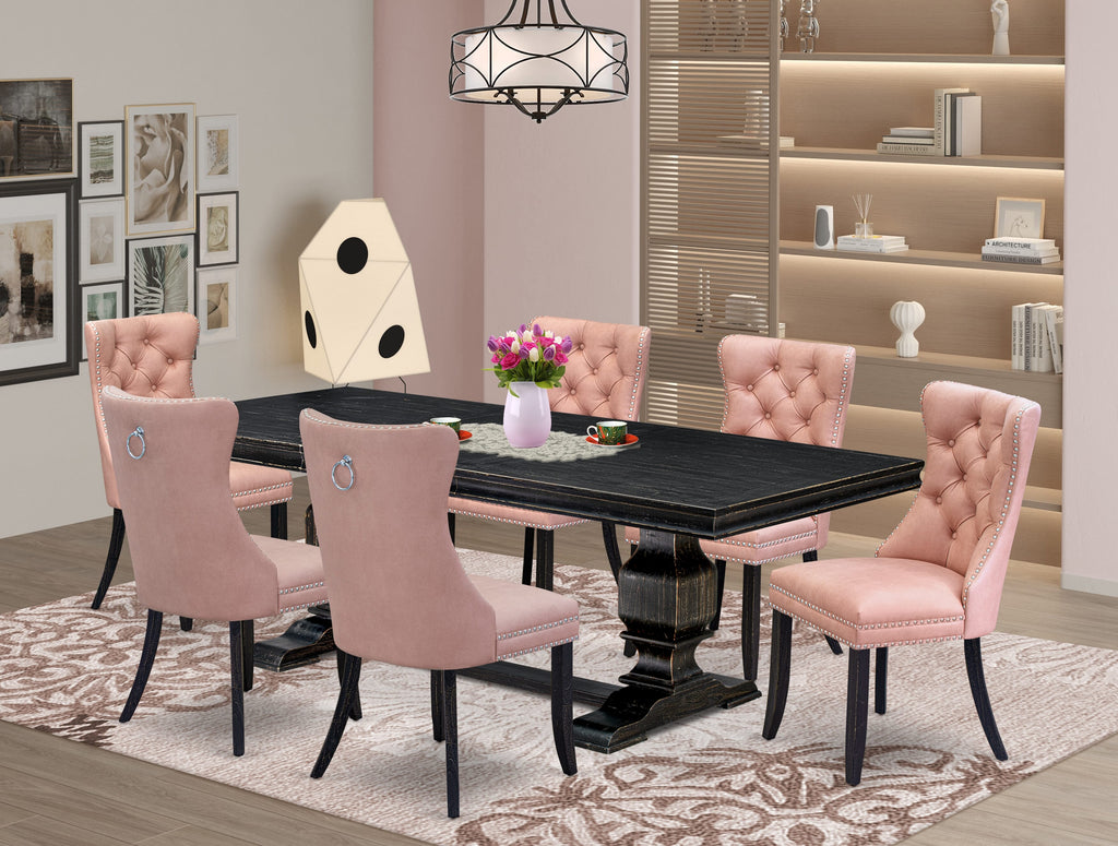 Luxe by East West Furniture LKDA7-SBB-23 7 Pieces Dining Set Contains a Rectangle Kitchen Table and 6 Beige Red Faux Leather Modern Chairs, Sand Blasting Black