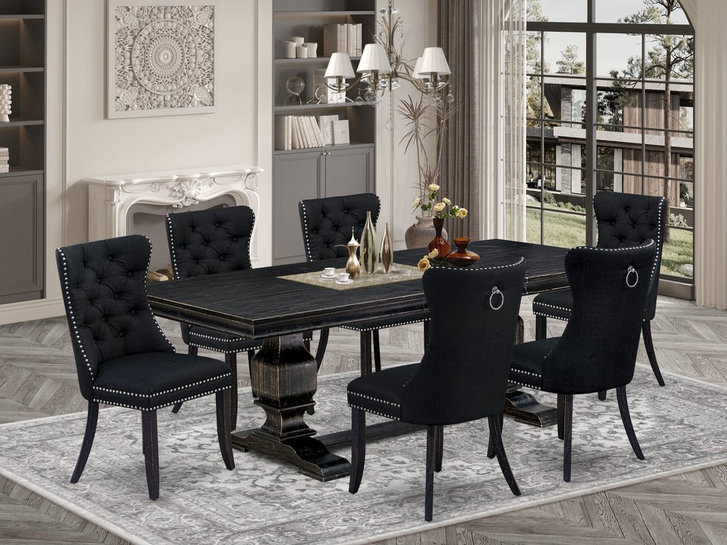 Luxe by East West Furniture LKDA7-SBB-24 - 7-piece dining room set consists of a kitchen table and 6 Black Linen Fabric upholstered chairs with Button Tufted Chair Back - Sand Blasting Black Finish.