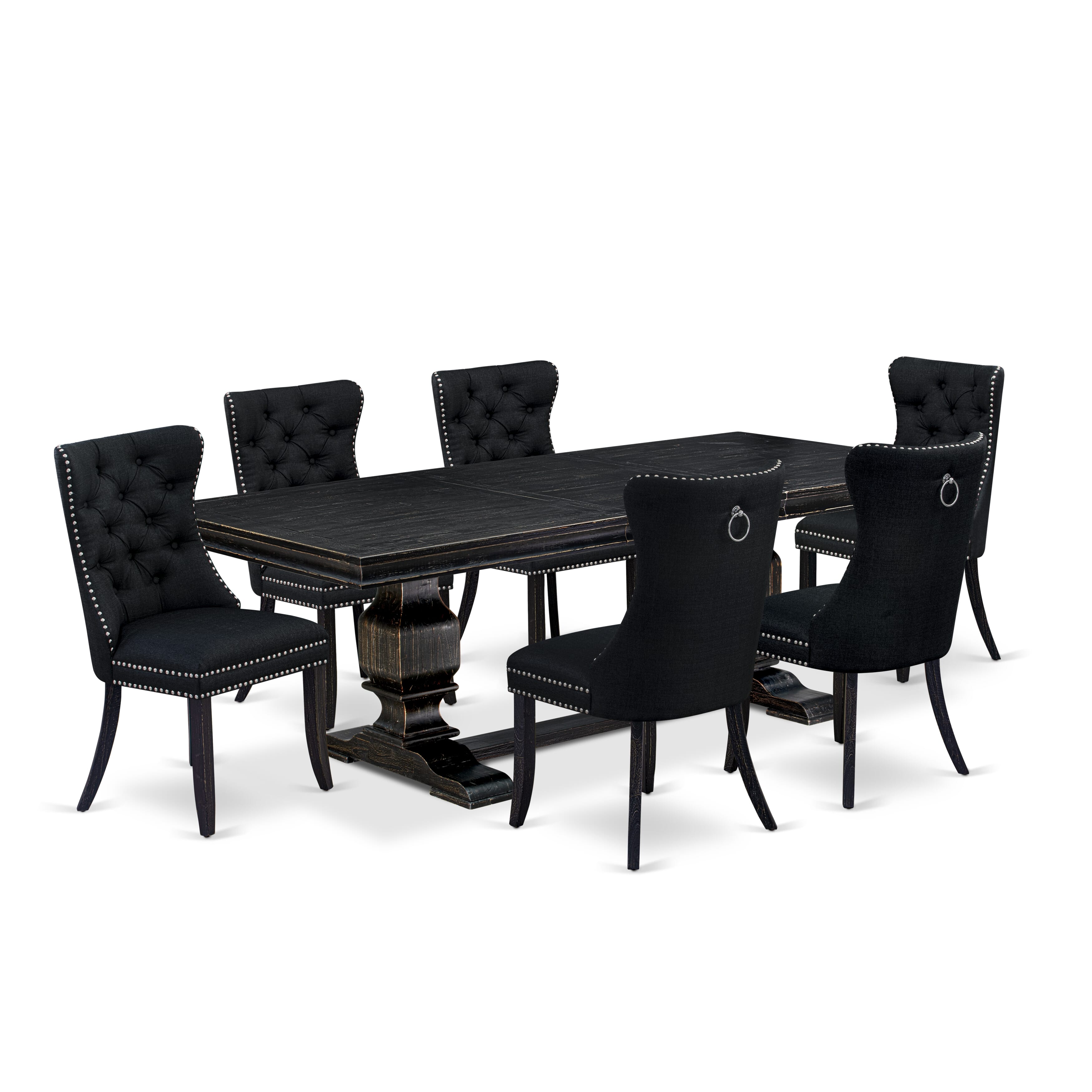 Luxe by East West Furniture LKDA7-SBB-24 - 7-piece dining room set consists of a kitchen table and 6 Black Linen Fabric upholstered chairs with Button Tufted Chair Back - Sand Blasting Black Finish.