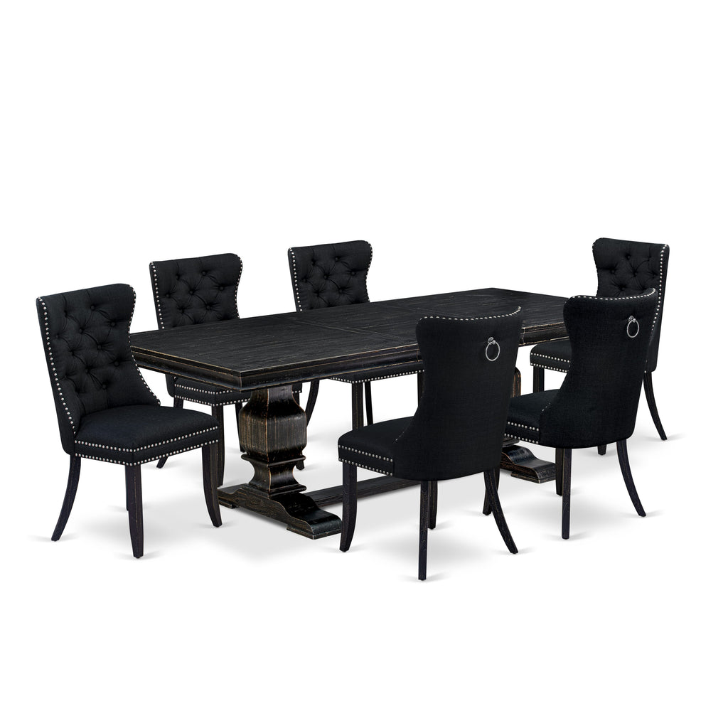 Luxe by East West Furniture LKDA7-SBB-24 - 7-piece dining room set consists of a kitchen table and 6 Black Linen Fabric upholstered chairs with Button Tufted Chair Back - Sand Blasting Black Finish.