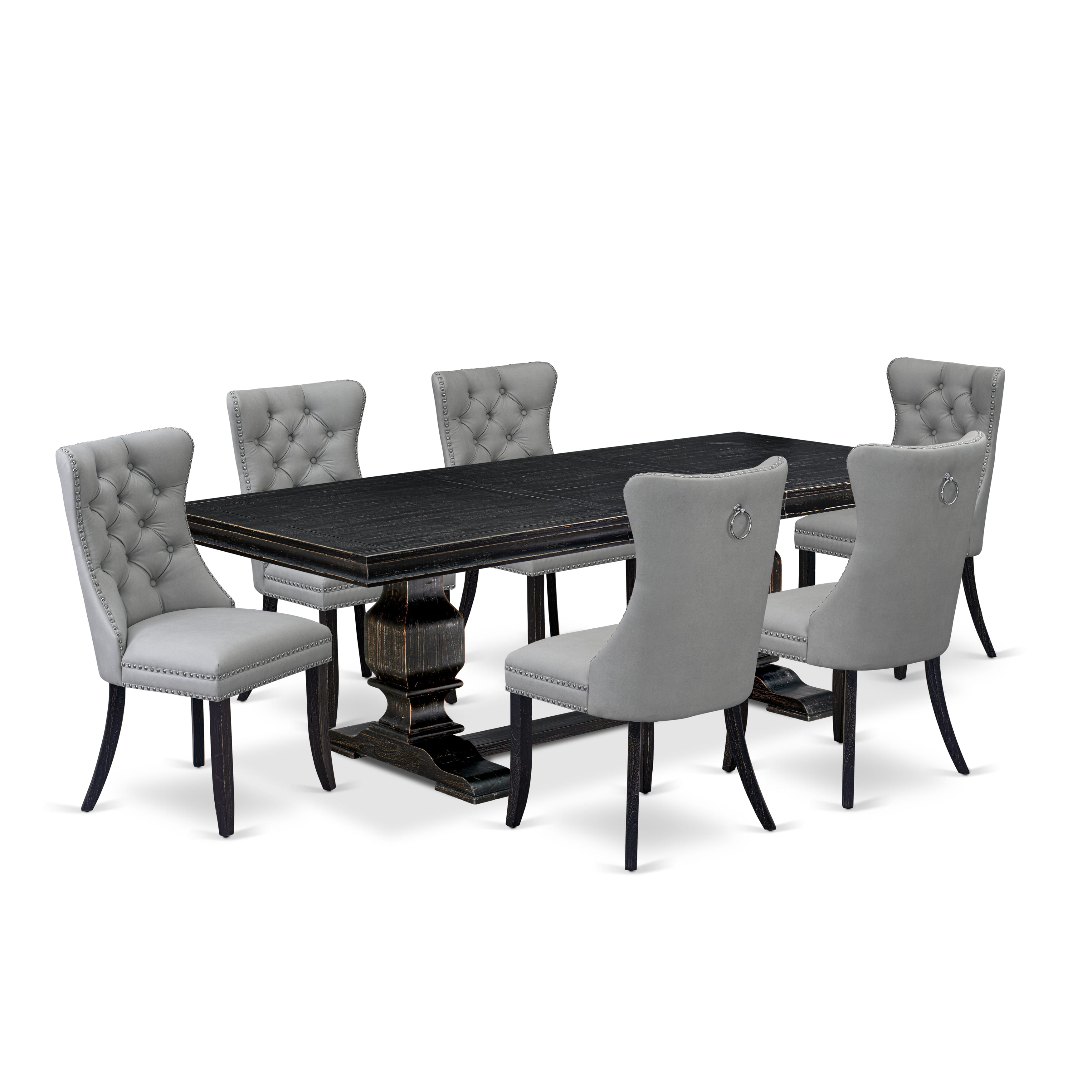 Luxe by East West Furniture LKDA7-SBB-27 - 7-piece modern dining set includes a dinner table and 6 Light Gray Faux Leather padded Chairs with Button Tufted Chair Back - Sand Blasting Black Finish.