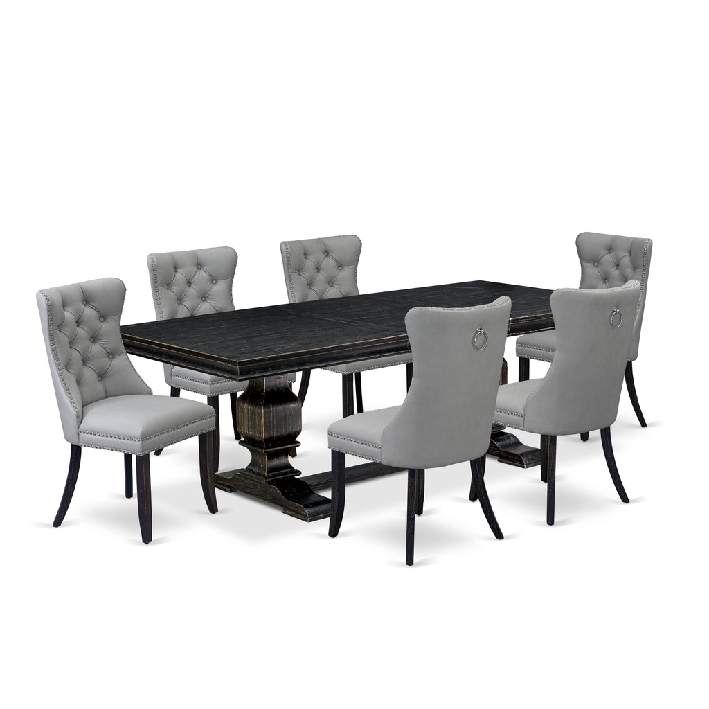 Luxe by East West Furniture LKDA7-SBB-27 - 7-piece modern dining set includes a dinner table and 6 Light Gray Faux Leather padded Chairs with Button Tufted Chair Back - Sand Blasting Black Finish.