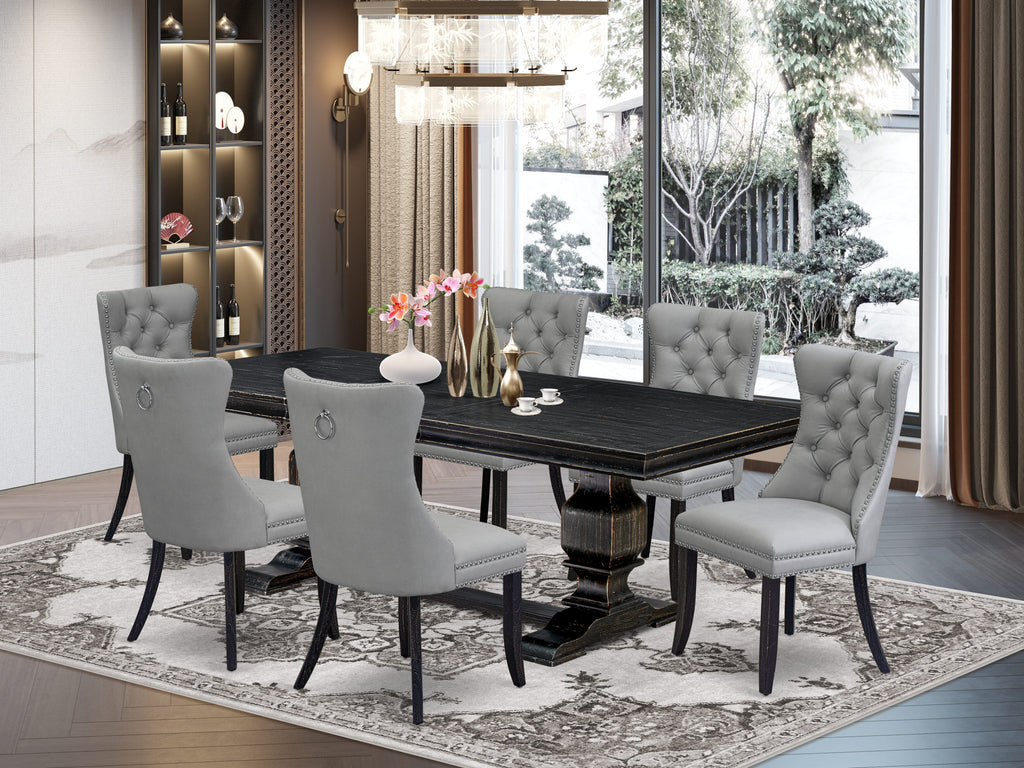 Luxe by East West Furniture LKDA7-SBB-27 - 7-piece modern dining set includes a dinner table and 6 Light Gray Faux Leather padded Chairs with Button Tufted Chair Back - Sand Blasting Black Finish.