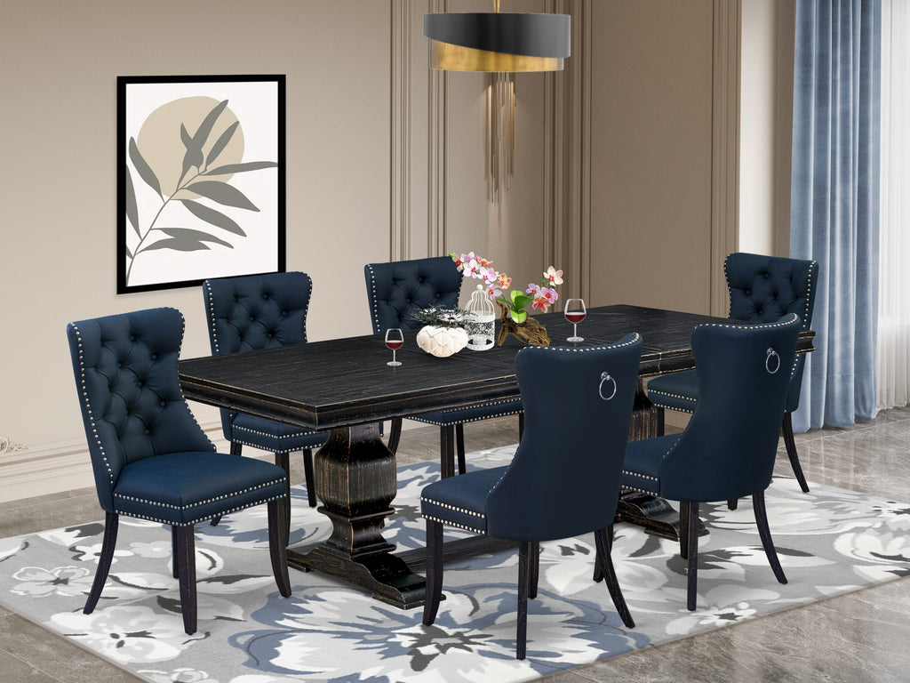 Luxe by East West Furniture LKDA7-SBB-29 - 7-piece dining table set includes a kitchen table and 6 Navy Blue Faux Leather modern chairs with Button Tufted Chair Back - Sand Blasting Black Finish.