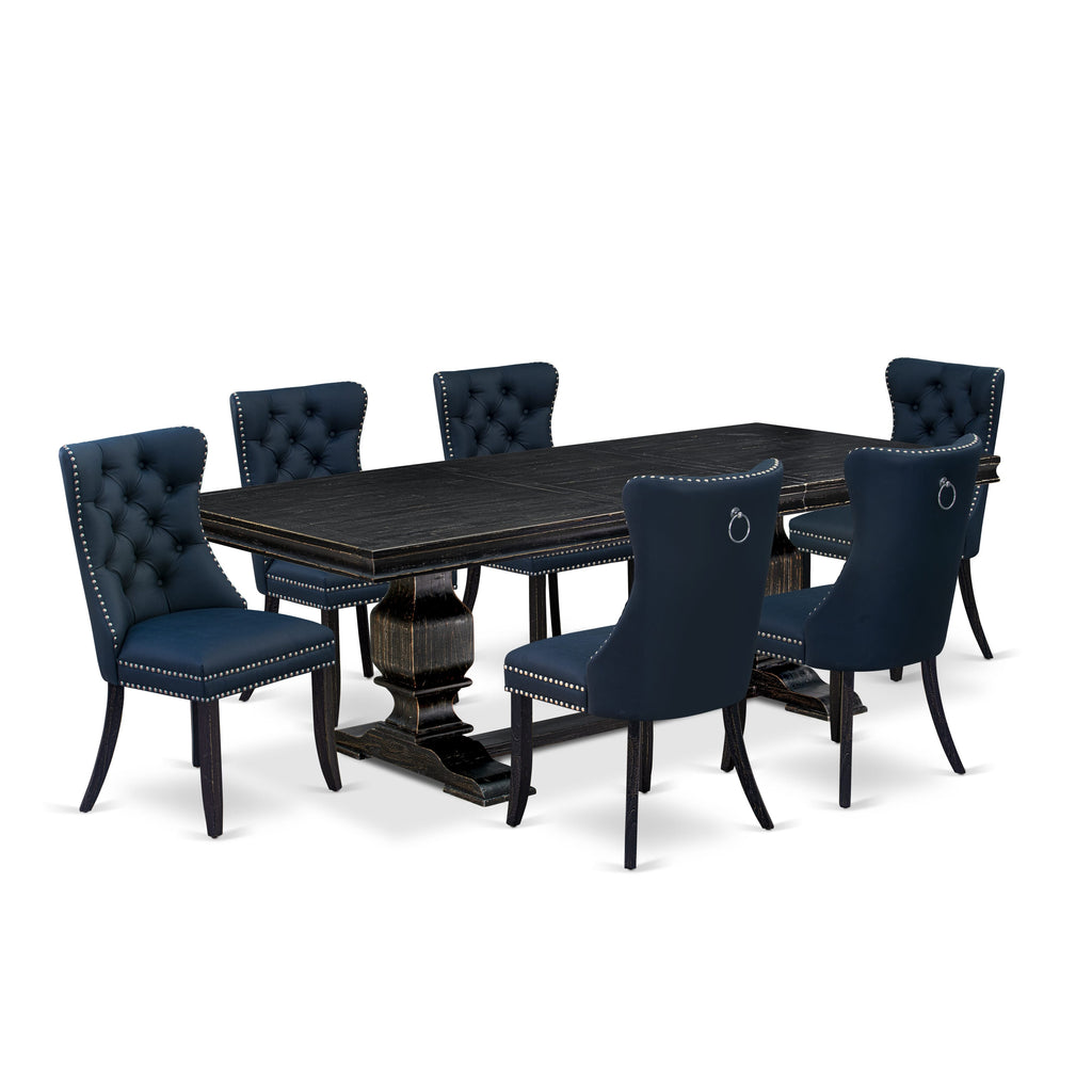 Luxe by East West Furniture LKDA7-SBB-29 - 7-piece dining table set includes a kitchen table and 6 Navy Blue Faux Leather modern chairs with Button Tufted Chair Back - Sand Blasting Black Finish.