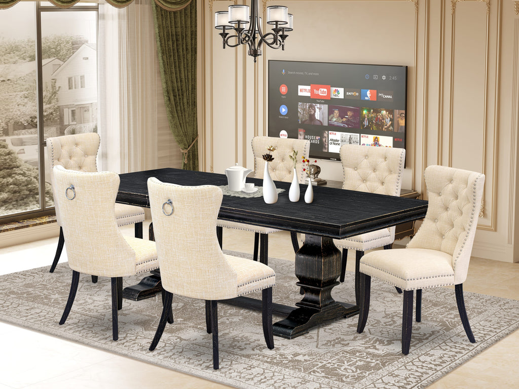 Luxe by East West Furniture LKDA7-SBB-32 - 7-piece dining room set consists of a kitchen table and 6 Light Beige Linen Fabric parson chairs with Button Tufted Chair Back - Sand Blasting Black Finish.