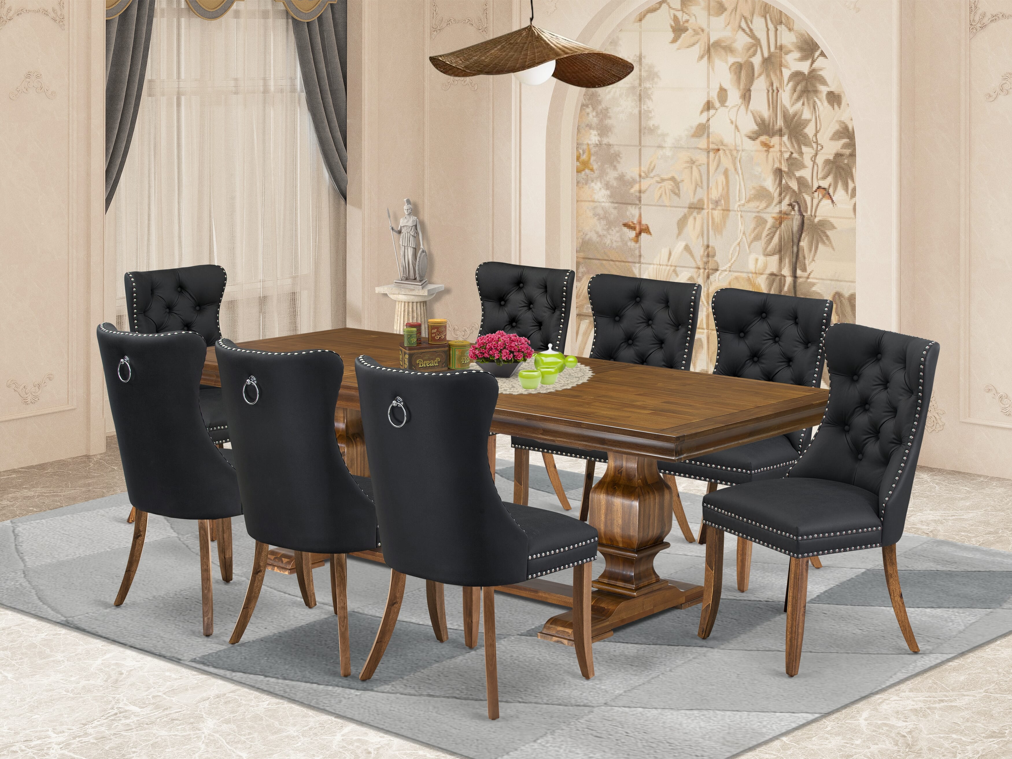 Luxe by East West Furniture LKDA9-AWA-12 9-piece Mid-Century Dining Table Set includes a Kitchen Table and 8 Dark Grey PU Leather Dining room Chairs with Button tufted Back - Antique Walnut Finish