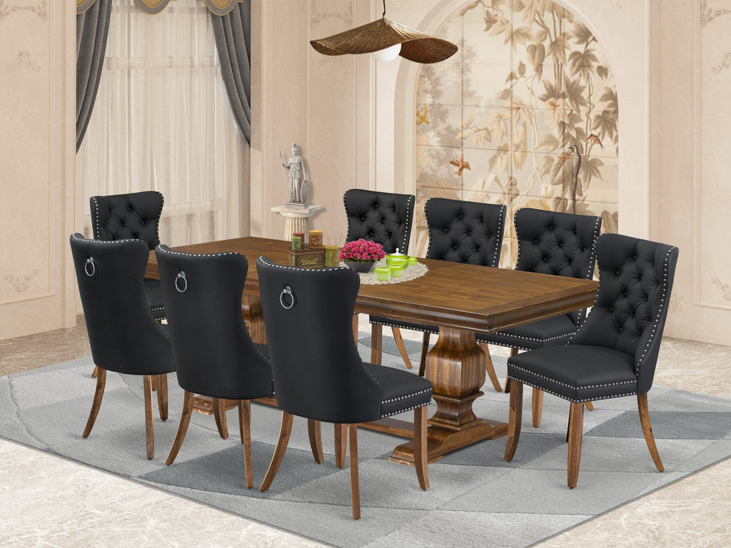 Luxe by East West Furniture LKDA9-AWA-12 9-piece Mid-Century Dining Table Set includes a Kitchen Table and 8 Dark Grey PU Leather Dining room Chairs with Button tufted Back - Antique Walnut Finish