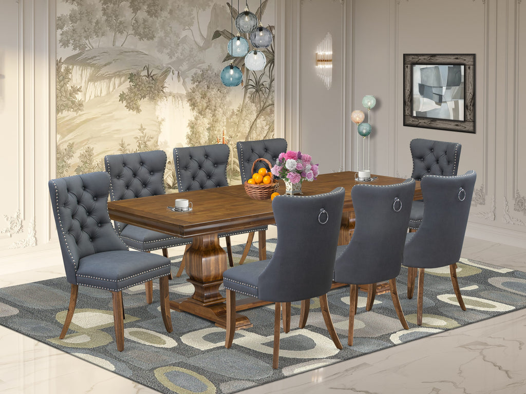 Luxe by East West Furniture LKDA9-AWA-13 9-piece Modern Dining Table Set includes a Kitchen Table and 8 Platinum Gray PU Leather Dinner Chairs with Button tufted Back - Antique Walnut Finish