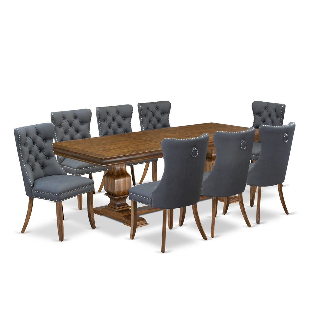 Luxe by East West Furniture LKDA9-AWA-13 9-piece Modern Dining Table Set includes a Kitchen Table and 8 Platinum Gray PU Leather Dinner Chairs with Button tufted Back - Antique Walnut Finish