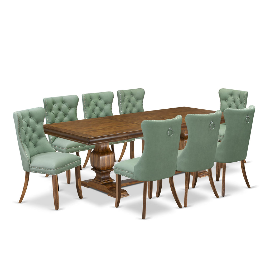 Luxe by East West Furniture LKDA9-AWA-22 9-piece Dining Room Set includes a Kitchen Table and 8 Willow Green PU Leather Modern Dining Chairs with Button tufted Back - Antique Walnut Finish