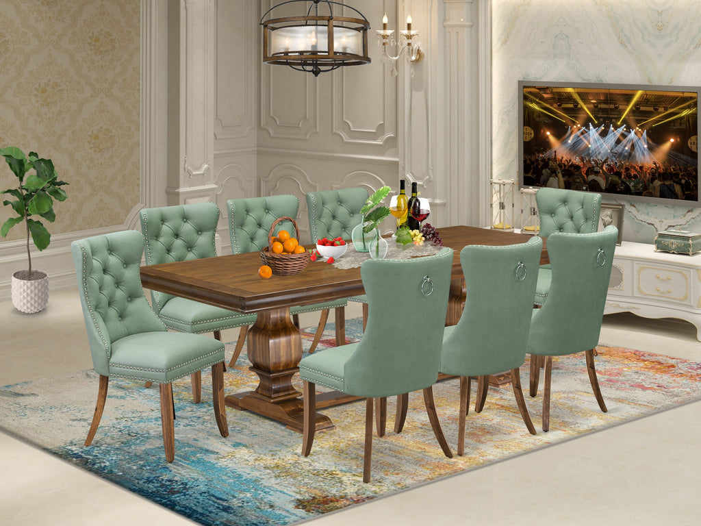 Luxe by East West Furniture LKDA9-AWA-22 9-piece Dining Room Set includes a Kitchen Table and 8 Willow Green PU Leather Modern Dining Chairs with Button tufted Back - Antique Walnut Finish
