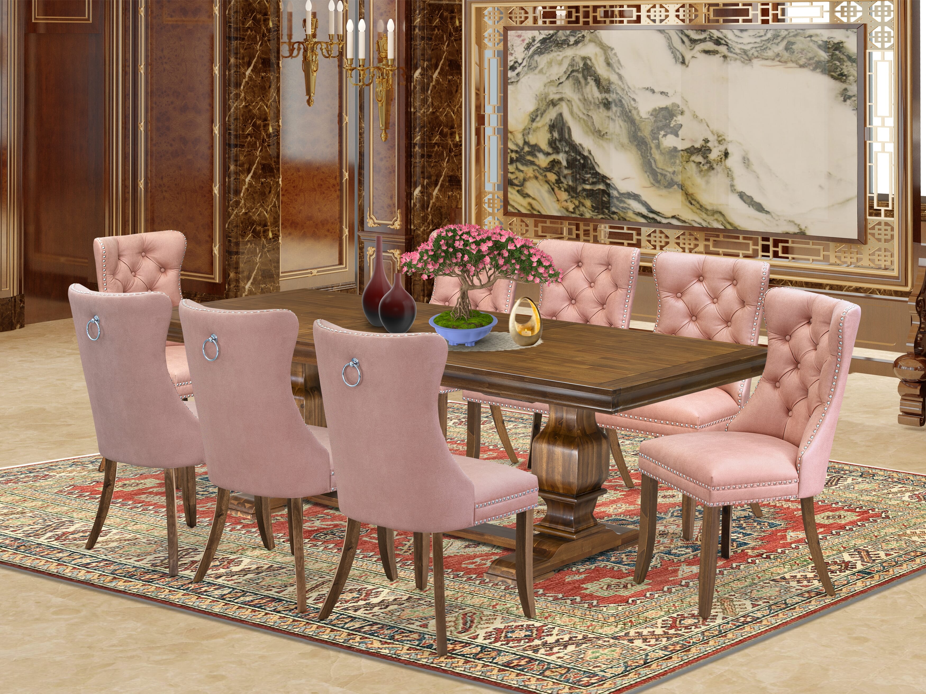 Luxe by East West Furniture LKDA9-AWA-23 9-piece Mid-Century Dining Table Set includes a Dining Table and 8 Beige Red Faux Leather Kitchen Chairs with Button tufted Back - Antique Walnut Finish