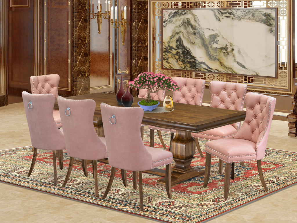 Luxe by East West Furniture LKDA9-AWA-23 9-piece Mid-Century Dining Table Set includes a Dining Table and 8 Beige Red Faux Leather Kitchen Chairs with Button tufted Back - Antique Walnut Finish