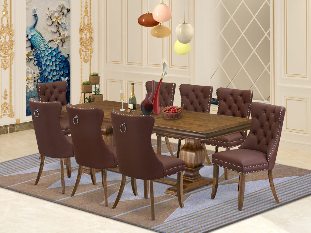 Luxe by East West Furniture LKDA9-AWA-26 9-piece Mid-Century Dining Table Set includes a Dining Table and 8 Burgundy Faux Leather Kitchen Chairs with Button tufted Back - Antique Walnut Finish