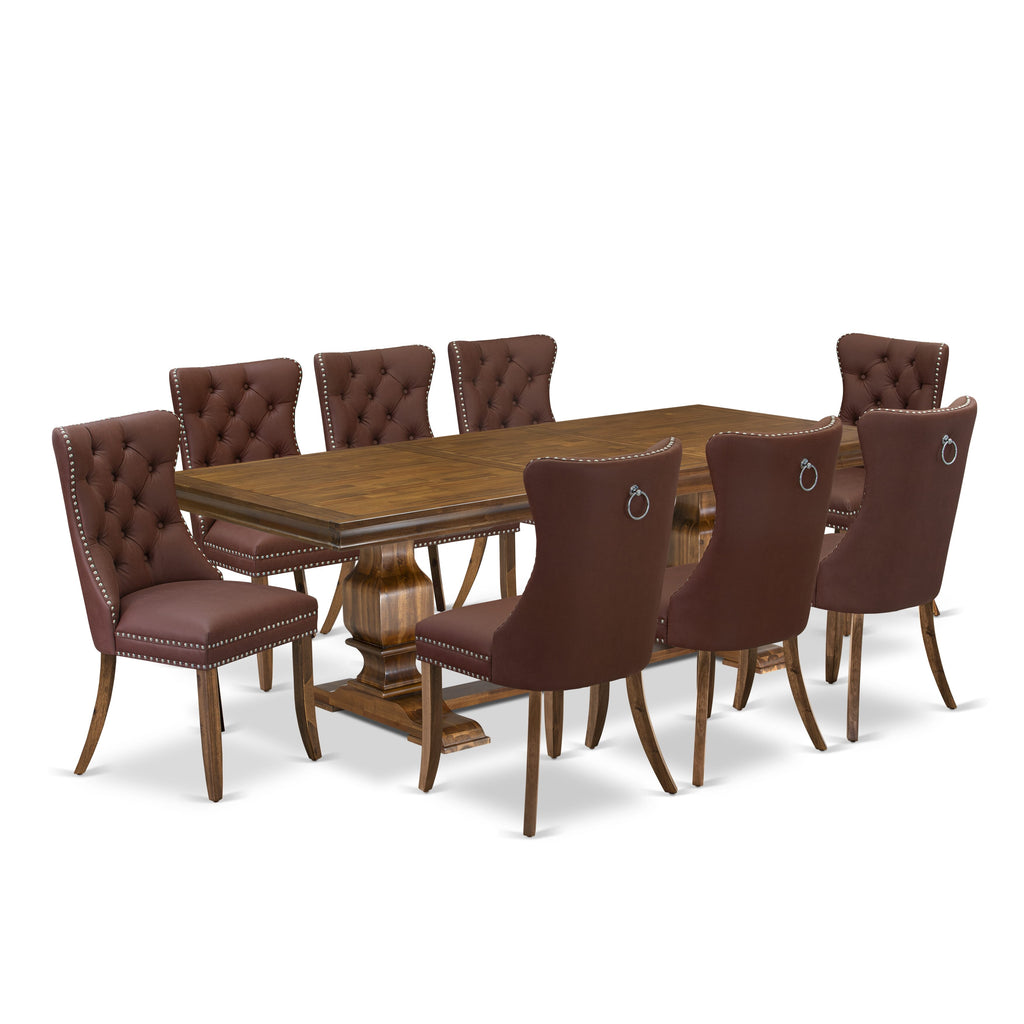 Luxe by East West Furniture LKDA9-AWA-26 9-piece Mid-Century Dining Table Set includes a Dining Table and 8 Burgundy Faux Leather Kitchen Chairs with Button tufted Back - Antique Walnut Finish