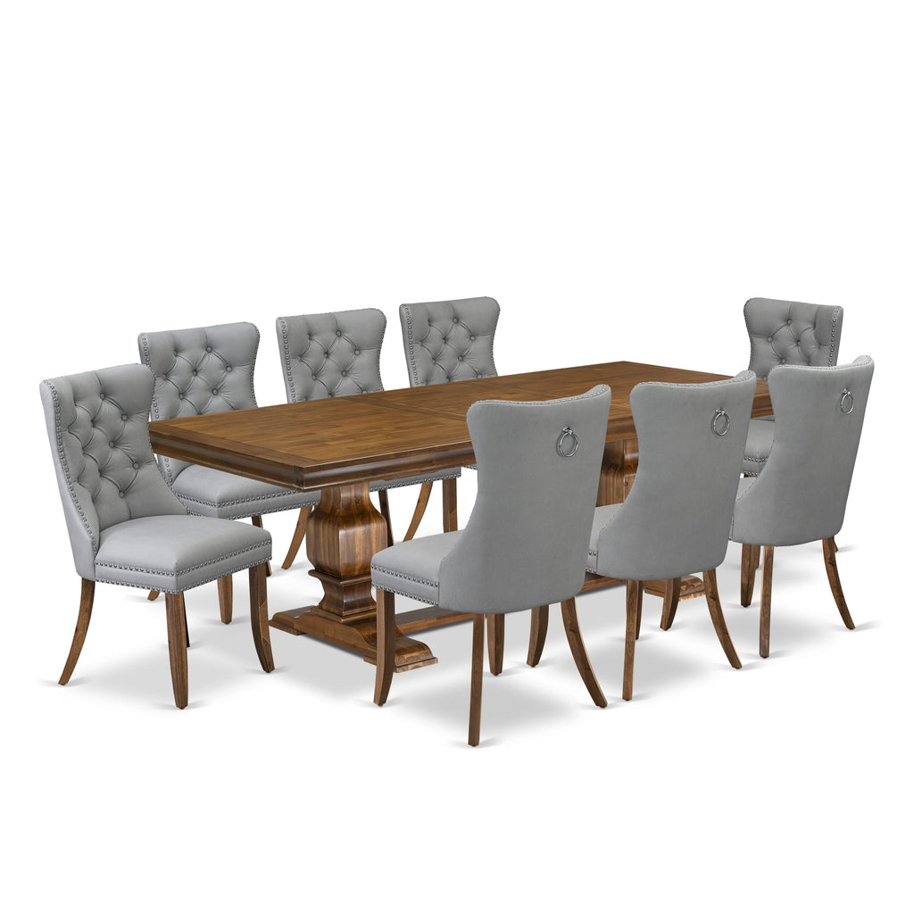 Luxe by East West Furniture LKDA9-AWA-27-9 Pieces Dining Table Set Includes a Rectangle Table and 8 Light Gray Faux Leather Dining Chairs, Antique Walnut