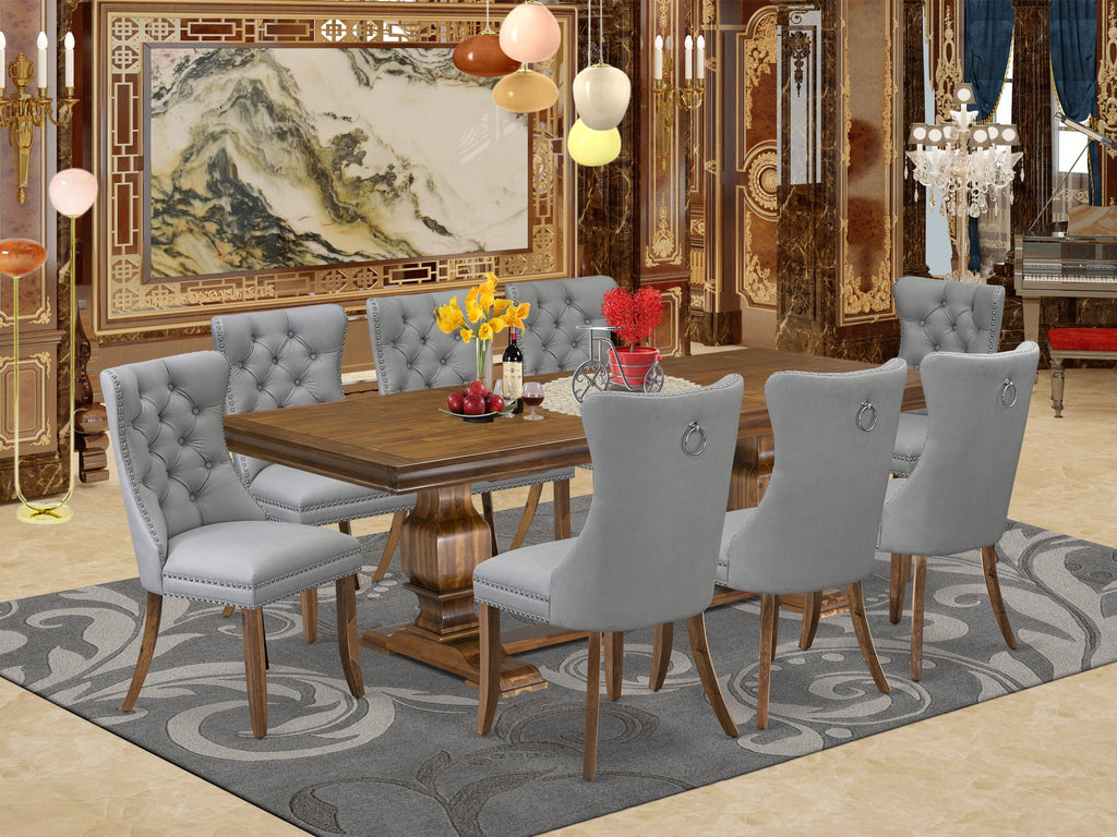 Luxe by East West Furniture LKDA9-AWA-27-9 Pieces Dining Table Set Includes a Rectangle Table and 8 Light Gray Faux Leather Dining Chairs, Antique Walnut
