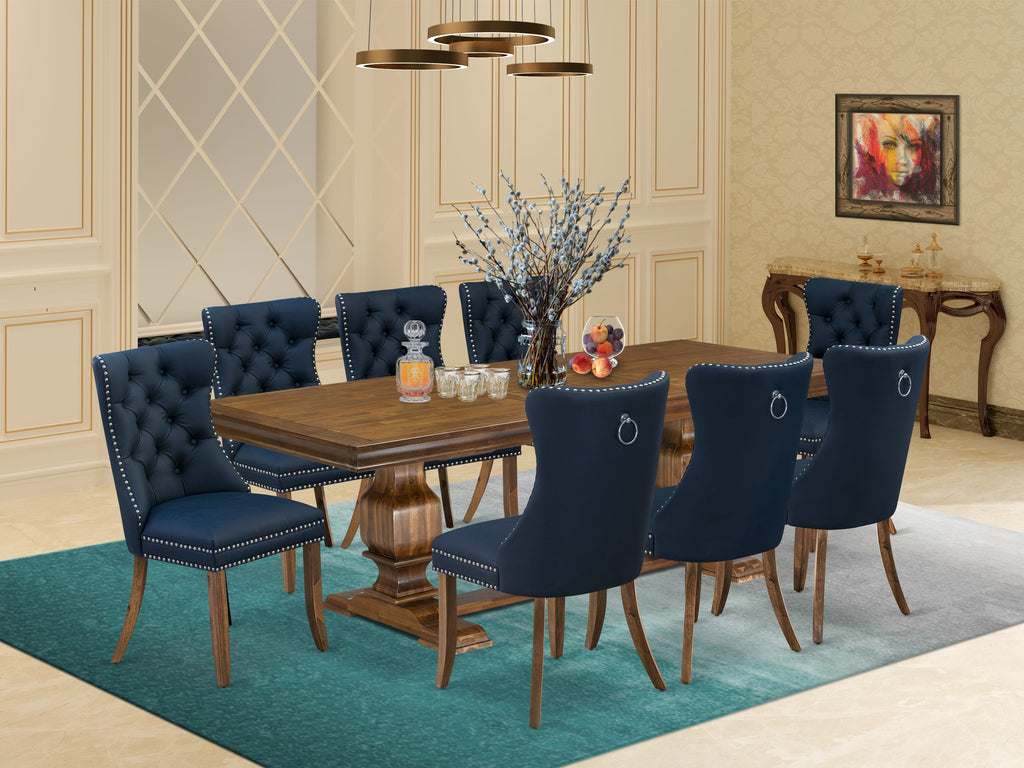 Luxe by East West Furniture LKDA9-AWA-29-9 Pieces Dining Table Set Includes a Rectangle Table and 8 Navy Blue Faux Leather Dining Chairs, Antique Walnut