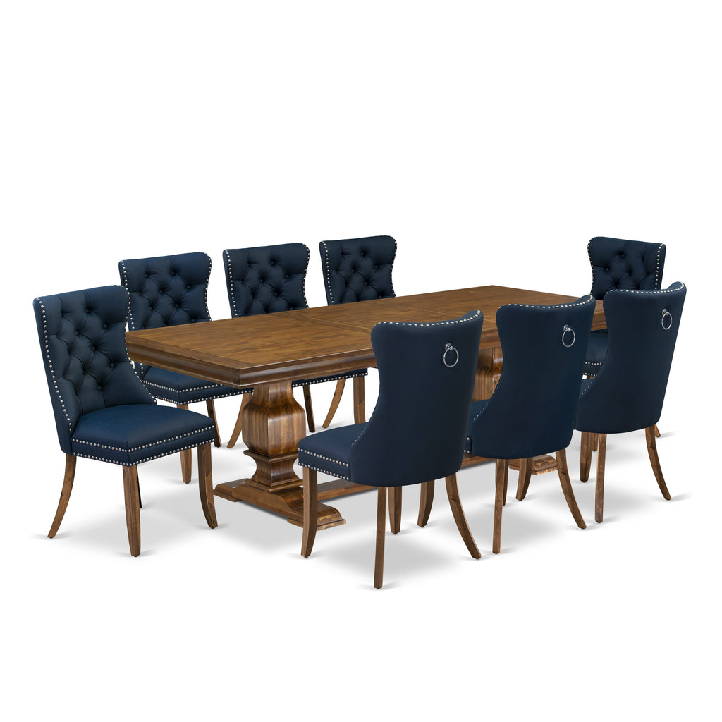 Luxe by East West Furniture LKDA9-AWA-29-9 Pieces Dining Table Set Includes a Rectangle Table and 8 Navy Blue Faux Leather Dining Chairs, Antique Walnut