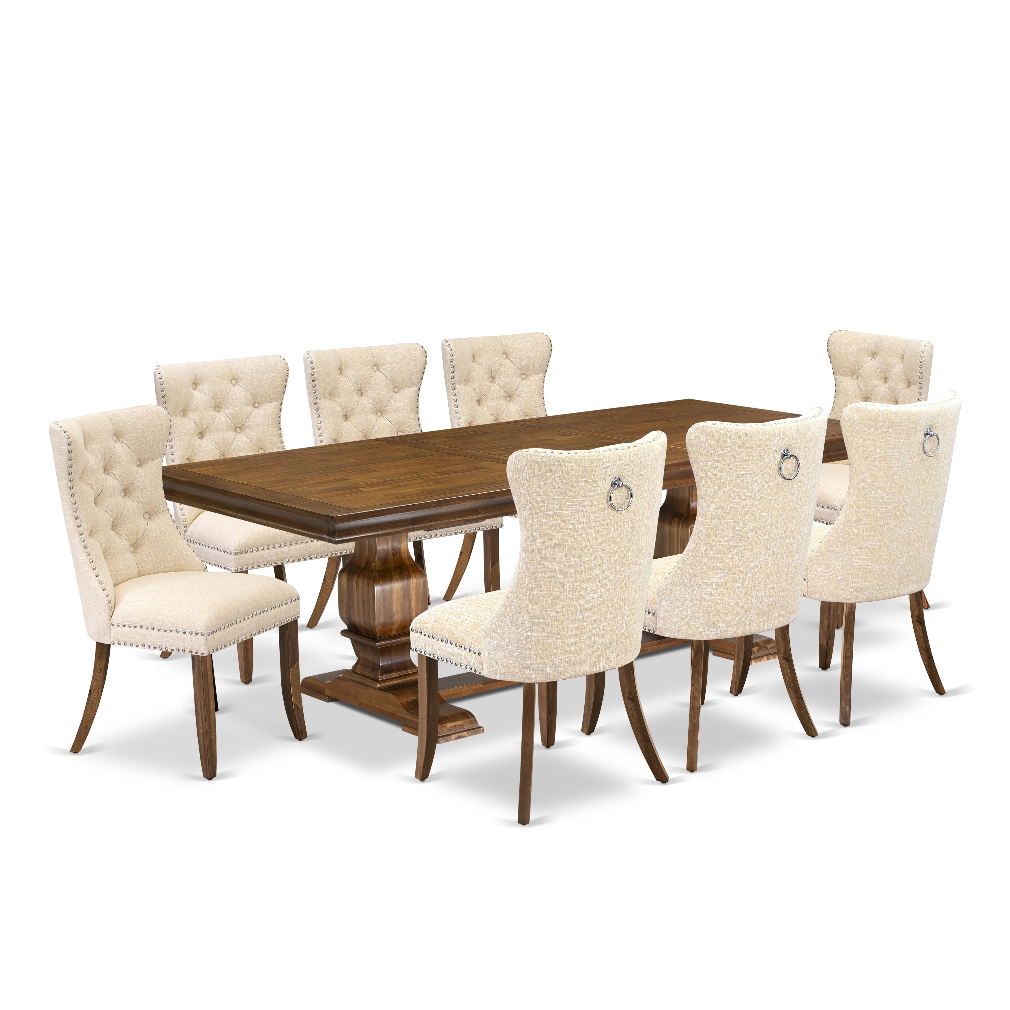 Luxe by East West Furniture LKDA9-AWA-32 9 Pieces Dining Table Set Includes a Rectangle Table and 8 Light Beige Linen fabric Dining Chairs, Antique Walnut