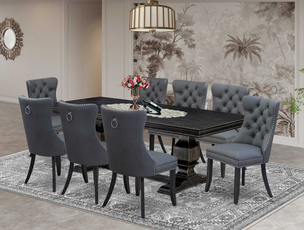 Luxe by East West Furniture LKDA9-SBB-13 9 Pieces Dining Table Set Includes a Rectangle Table and 8 Platinum Gray Faux Leather Dining Chairs, Sand Blasting Black