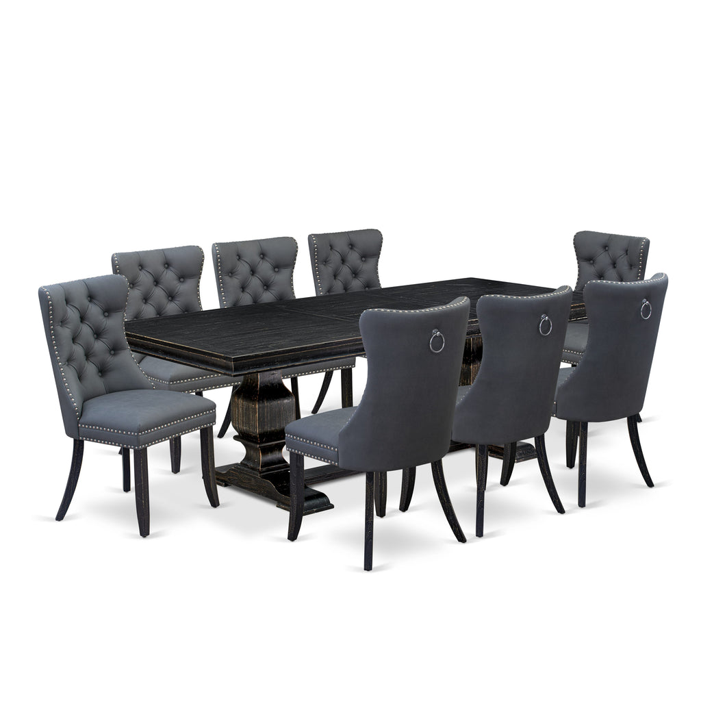 Luxe by East West Furniture LKDA9-SBB-13 9 Pieces Dining Table Set Includes a Rectangle Table and 8 Platinum Gray Faux Leather Dining Chairs, Sand Blasting Black