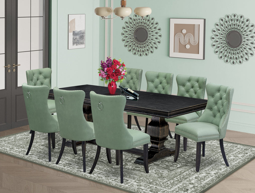 Luxe by East West Furniture LKDA9-SBB-22 9 Pieces Dining Table Set Includes a Rectangle Table and 8 Willow Green Faux Leather Dining Chairs, Sand Blasting Black