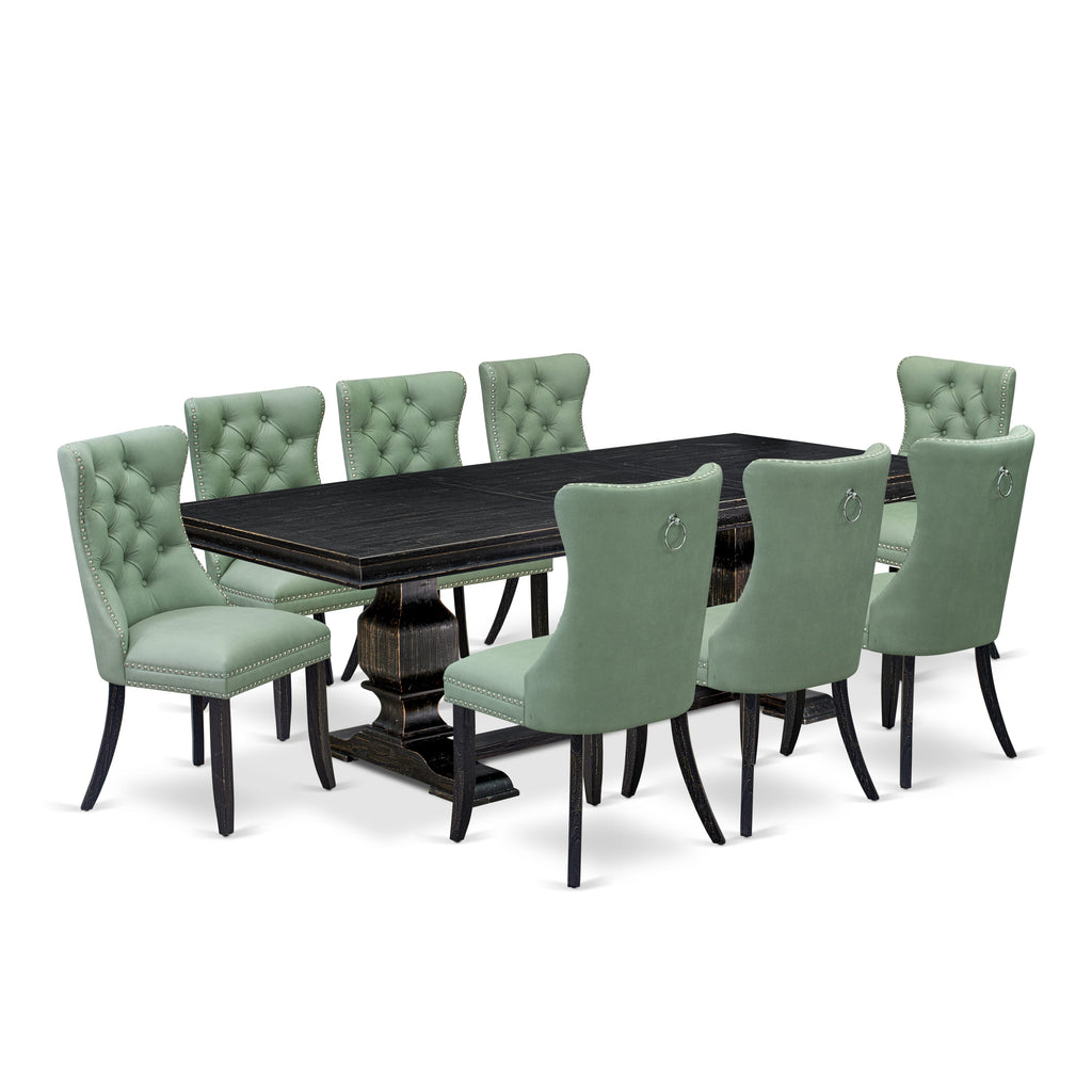 Luxe by East West Furniture LKDA9-SBB-22 9 Pieces Dining Table Set Includes a Rectangle Table and 8 Willow Green Faux Leather Dining Chairs, Sand Blasting Black
