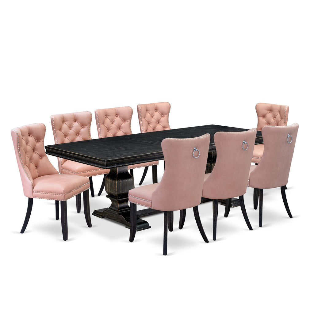 Luxe by East West Furniture LKDA9-SBB-23 9 Pieces Dining Table Set Includes a Rectangle Table and 8 Beige Red Faux Leather Dining Chairs, Sand Blasting Black