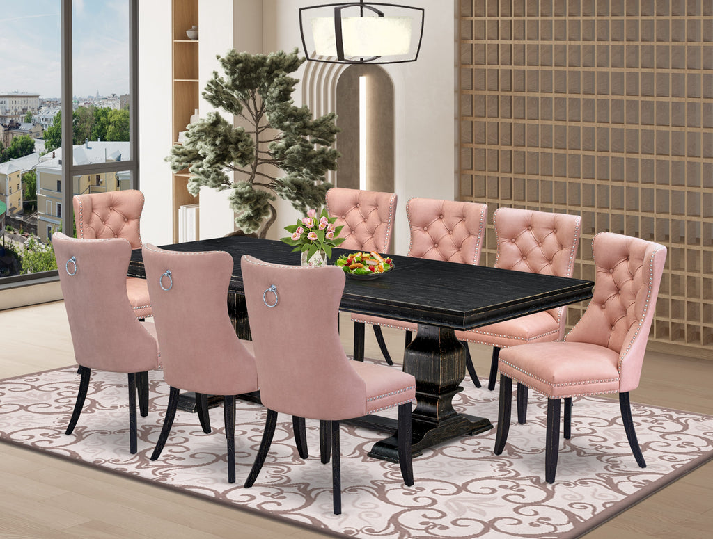 Luxe by East West Furniture LKDA9-SBB-23 9 Pieces Dining Table Set Includes a Rectangle Table and 8 Beige Red Faux Leather Dining Chairs, Sand Blasting Black