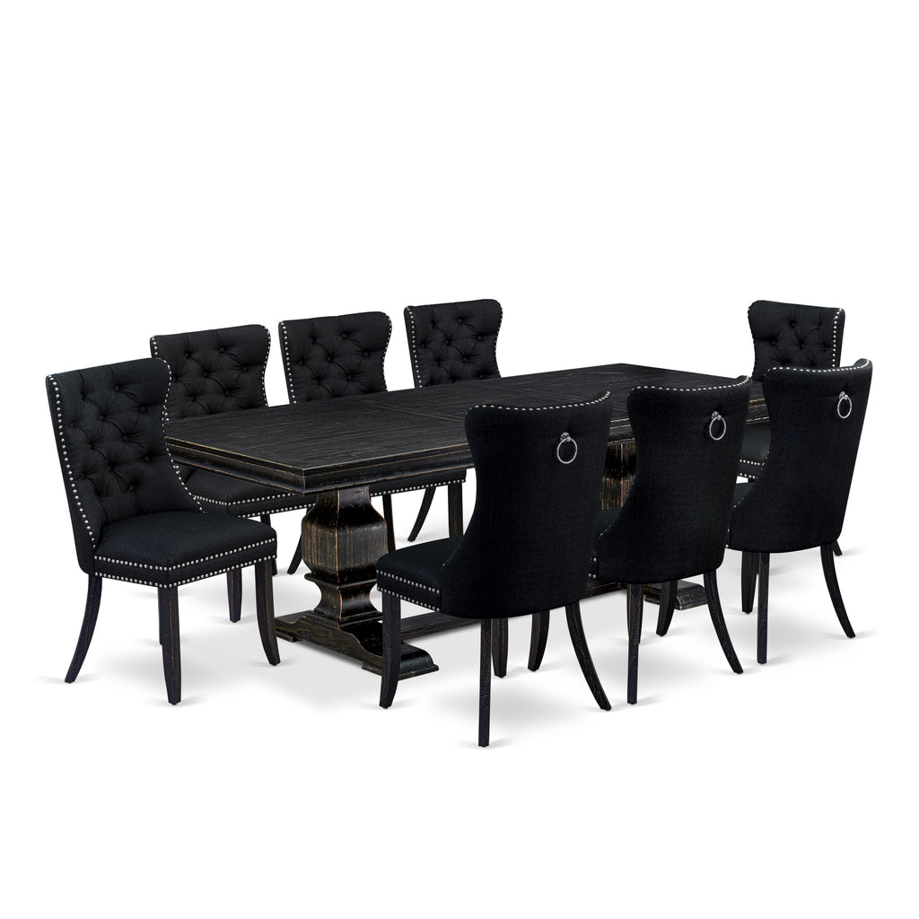 Luxe by East West Furniture LKDA9-SBB-24 - 9-piece kitchen table set consists of a dining table and 8 Black Linen Fabric kitchen chairs with Button Tufted Chair Back - Sand Blasting Black Finish.